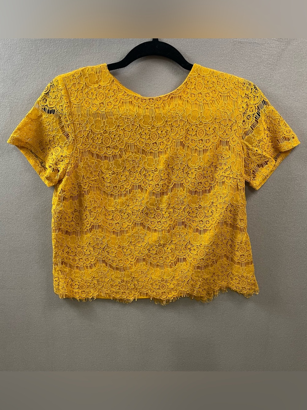 Monteau Women’s Yellow Lace Short Sleeve Blouse medium lined office evening